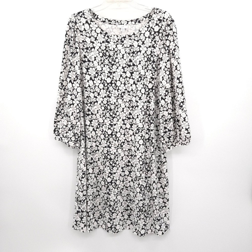 J. Jill Shift Dress Women XL Petite Black White Floral Puff Sleeve Knit - Picture 2 of 9
